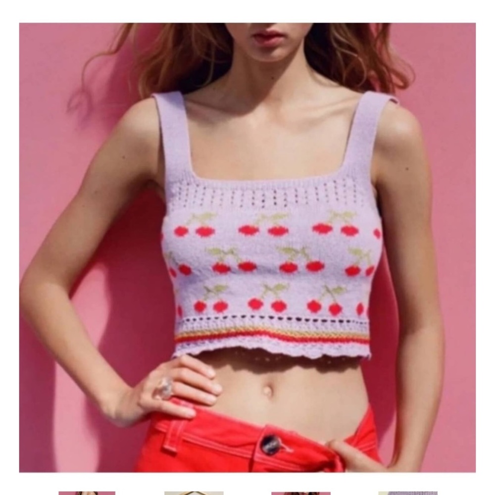 ZARA Purple Knit Cherry Crop Tank Top